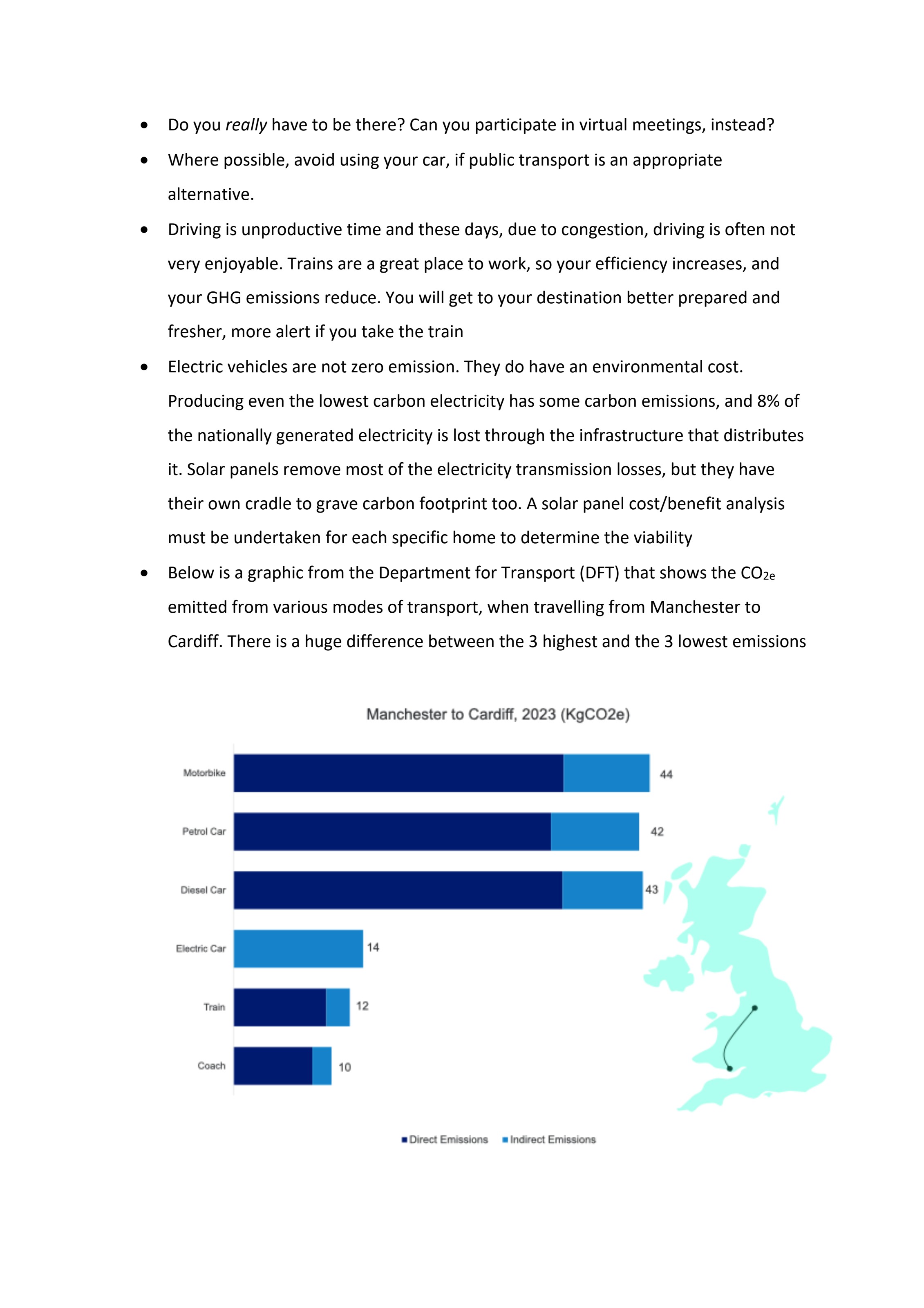 DfT chart comparing CO2e per mode of transport, Manchester to Cardiff 2023.