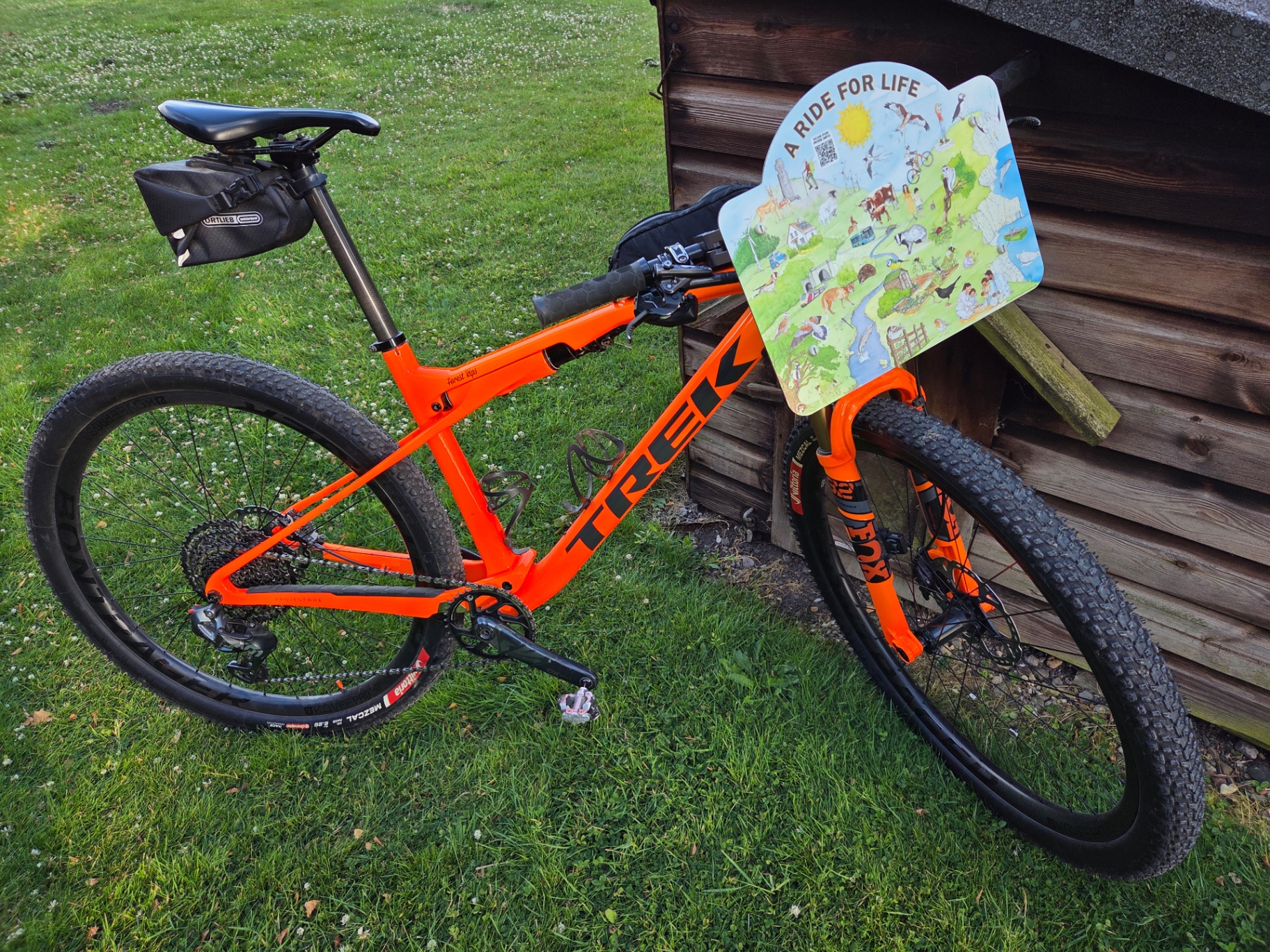 Forest Rips - Rob's mountain bike leaning against a wooden shed, with the A Ride For Life illustration board displayed on the handlebars.